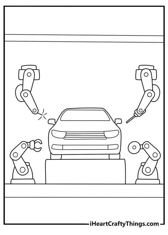 Realistic industrial robot arm coloring sheet assembling toy car