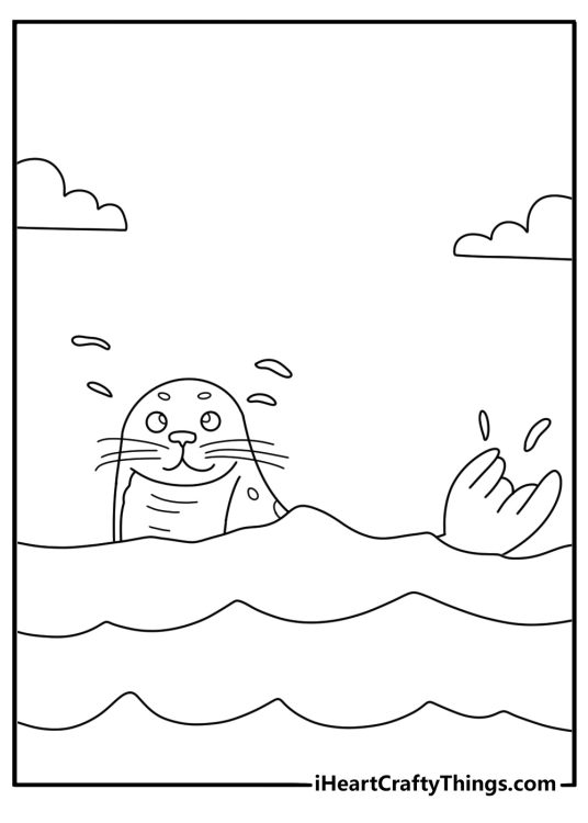 Realistic seal coloring pages with harbor seal head above ocean waves