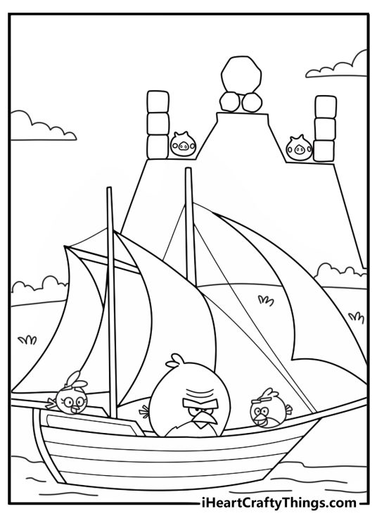 Red crew sailing on a raft toward Piggy Island adventure coloring page pdf