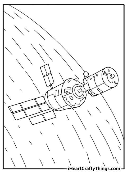 Retro rocket docking at a space station detailed coloring printable for adults