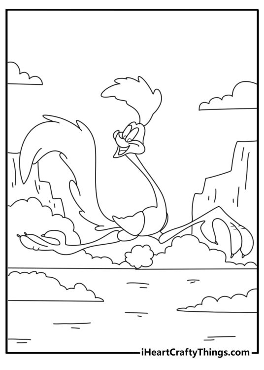 Road Runner leaving dust trail across canyon fun printable coloring page