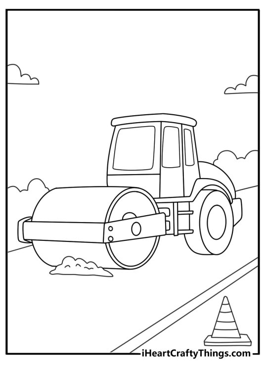 Road roller compacting asphalt on new street easy coloring page for kids