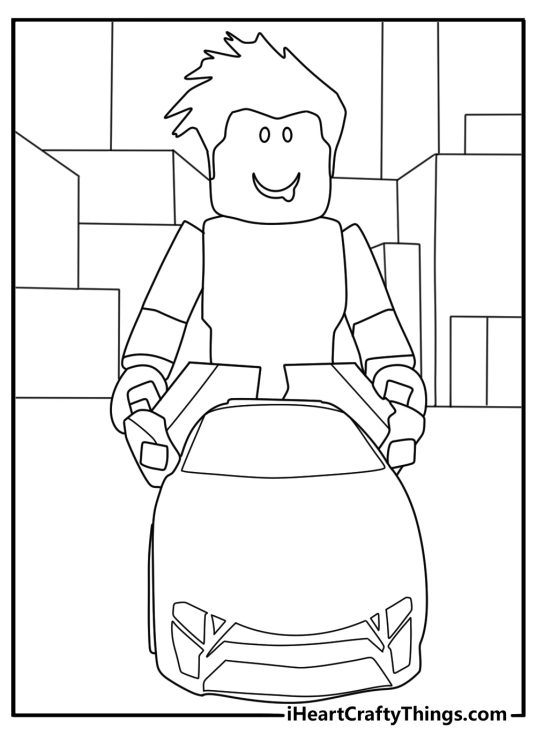 Roblox coloring page featuring avatar driving a blocky race car