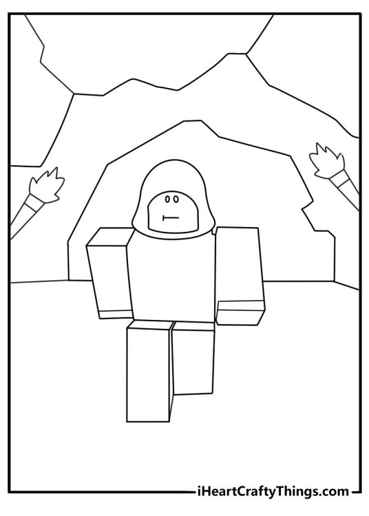 Roblox coloring page showing avatar exploring a cave with torch