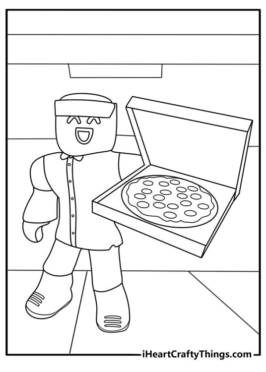Roblox coloring page with avatar running a pizza shop