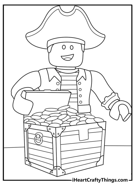 Roblox coloring page with pirate themed avatar and treasure chest