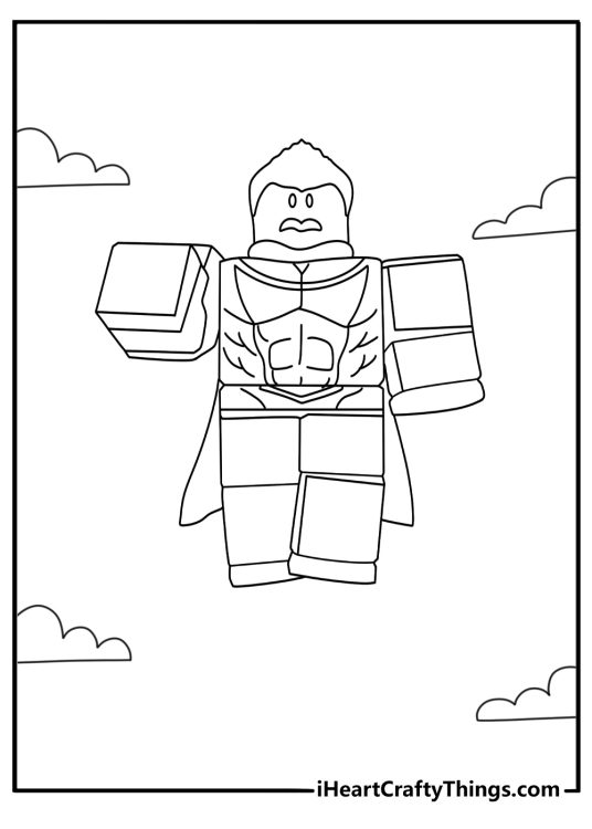 Roblox coloring page with superhero style avatar flying above city