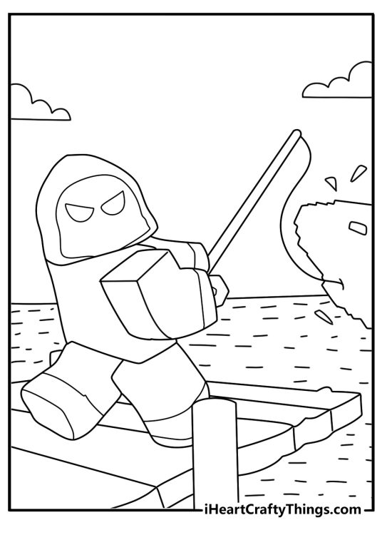 Roblox coloring sheet featuring avatar fishing by a river