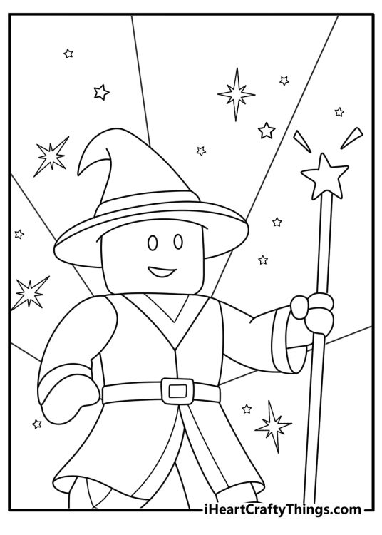 Roblox coloring sheet showing avatar as wizard casting magic