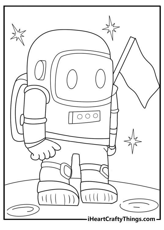 Robot astronaut coloring sheet standing on moon with small flag