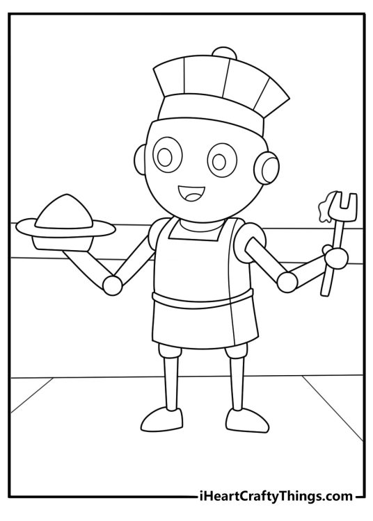 Robot chef coloring page mixing bowl on kitchen counter