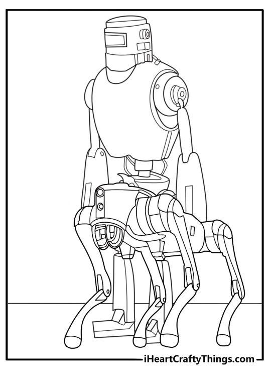 Robot dog companion coloring page walking beside tall robot