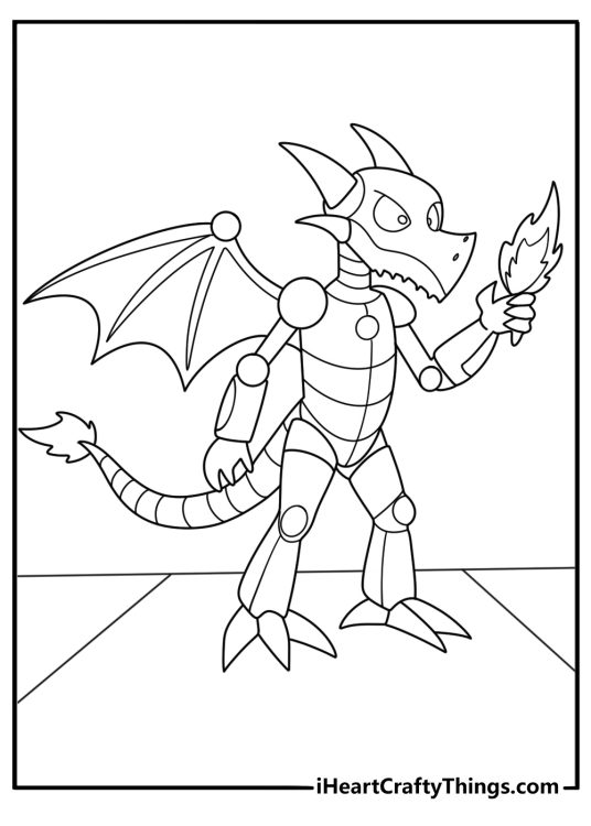 Robot dragon hybrid coloring page with segmented tail and fins