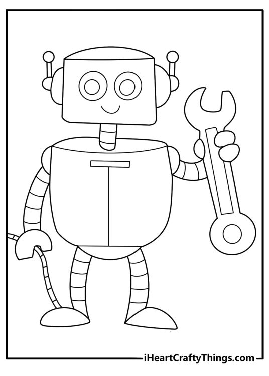 Robot engineer coloring page holding wrench and cable spool