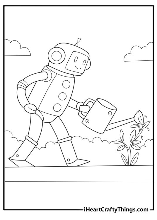 Robot gardener coloring sheet watering plant with metal can
