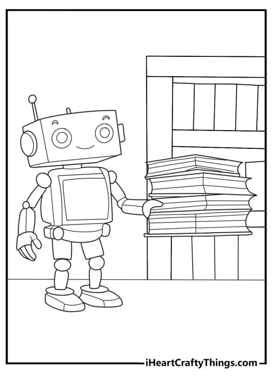 Robot librarian printable stacking books on simple shelf