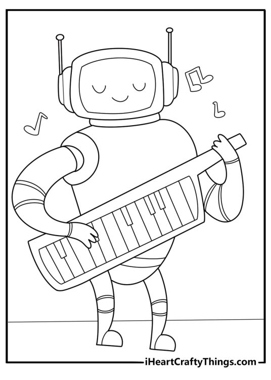 Robot musician printable playing keyboard on simple stage