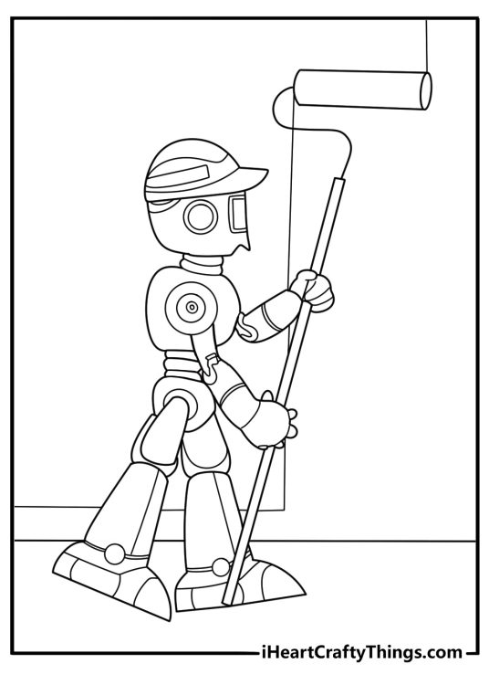 Robot painter coloring page using roller to color a wall