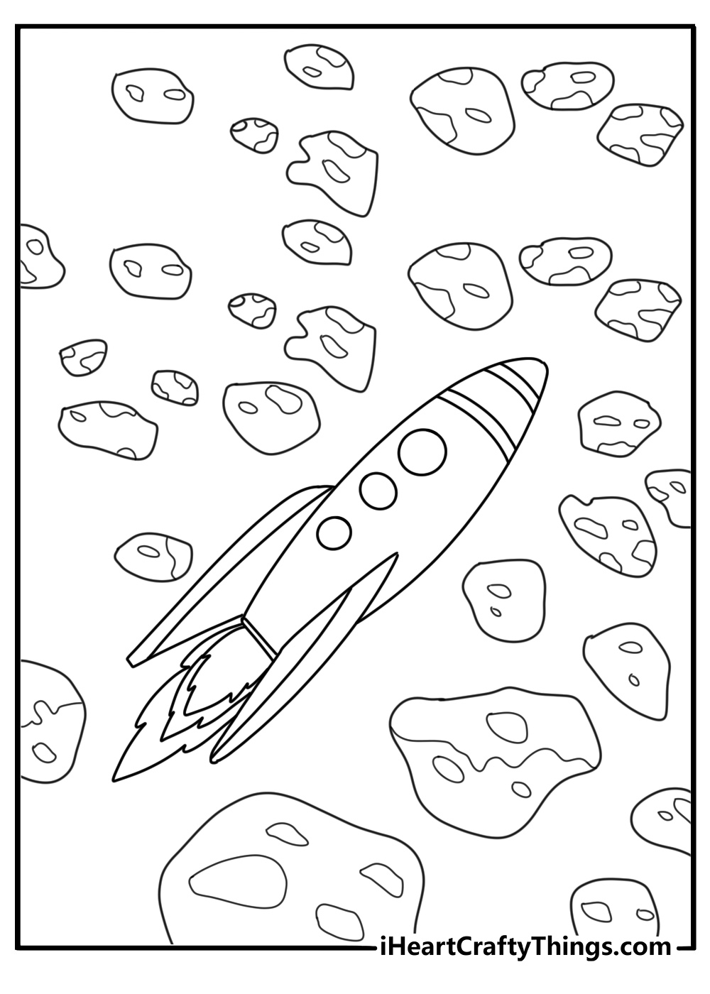 Rocket weaving through an asteroid belt advanced coloring sheet for adults