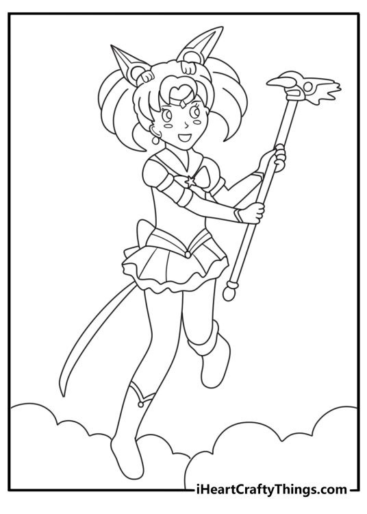 Sailor Chibi Moon with small wand and twin buns cute kawaii coloring page