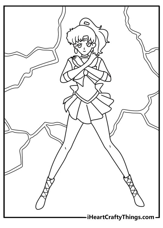 Sailor Jupiter Makoto Kino calling lightning under storm clouds printable coloring page
