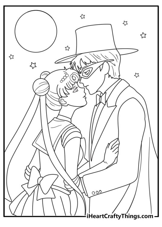 Sailor Moon and Tuxedo Mask under night sky with full moon romantic coloring sheet