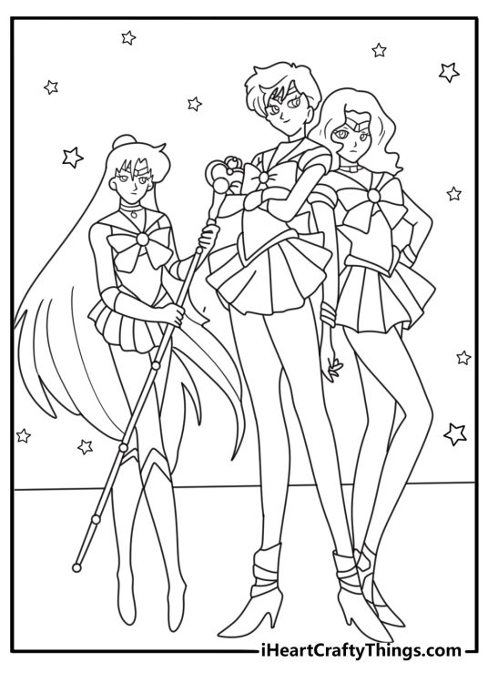 Sailor Moon and friends coloring pages with all scouts standing in a circle united