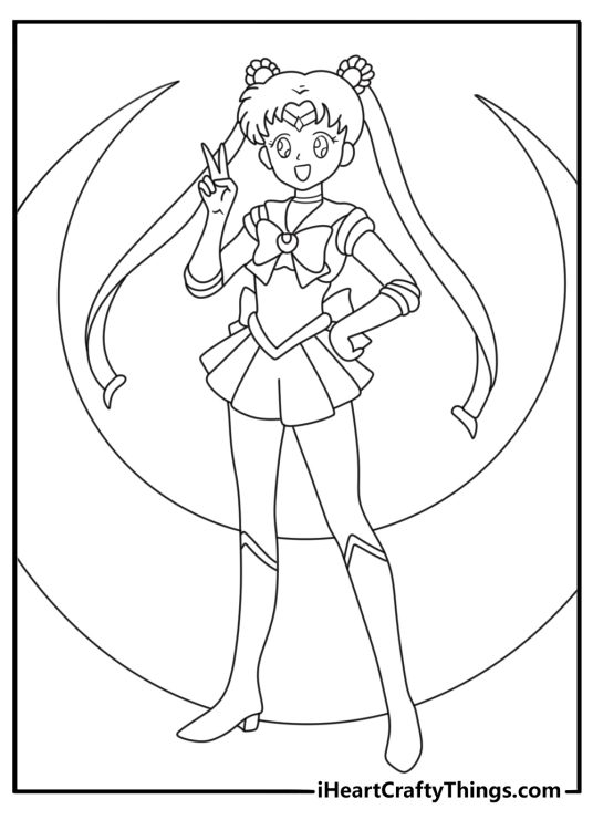 Sailor Moon coloring book page with magical symbols and crescent shapes pattern
