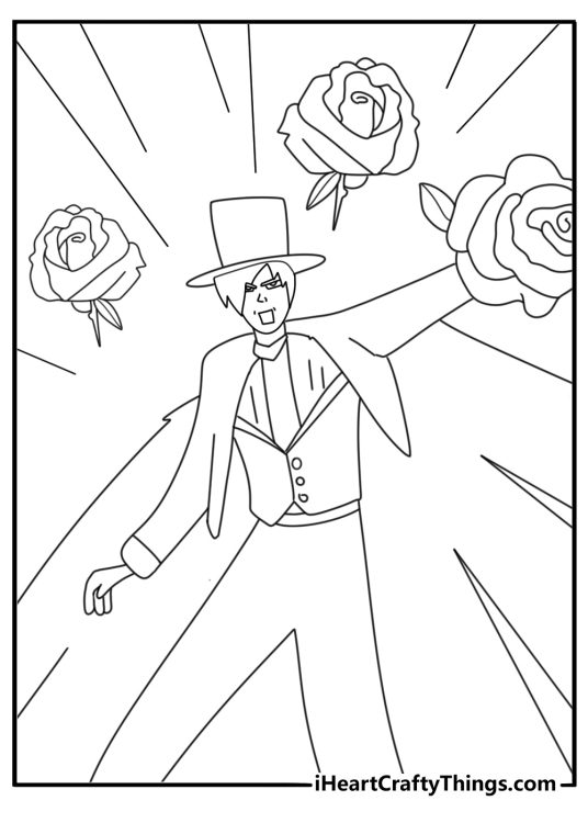 Sailor Moon coloring pages featuring Tuxedo Mask throwing a rose dramatic scene
