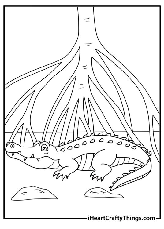 Saltwater crocodile coloring page with a giant reptile near mangrove roots