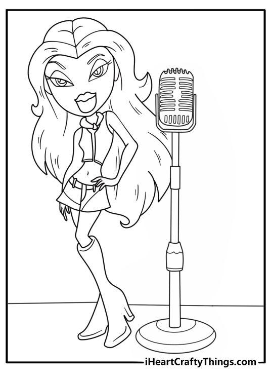 Sasha stands beside a microphone in this music themed Bratz coloring sheet