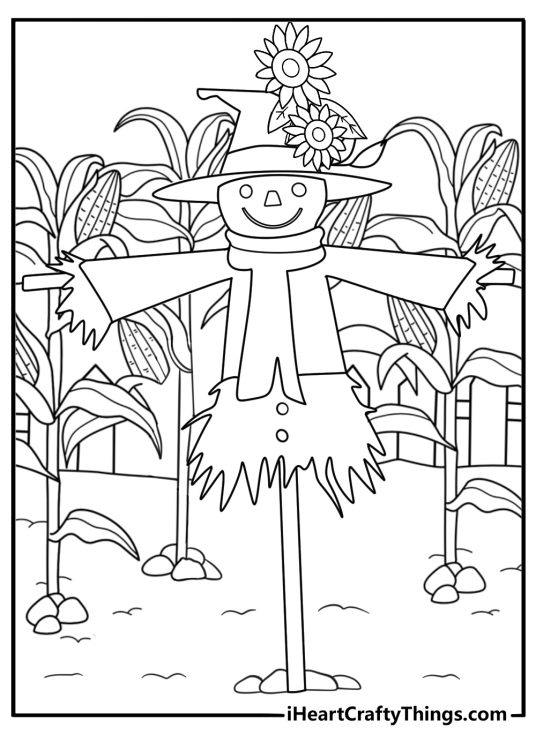 Scarecrow in corn rows with big sunflower hat fun coloring page printable