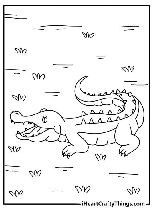 Scary crocodile coloring pages with a reptile creeping through swamp grass