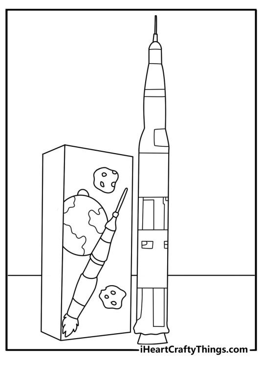 Science coloring page for kids with a rocket model beside books