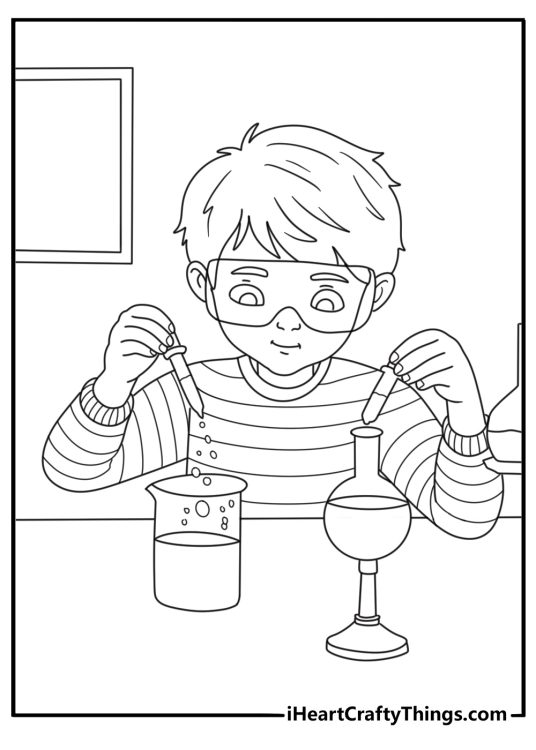 Science coloring page with a student using safety goggles at a lab table