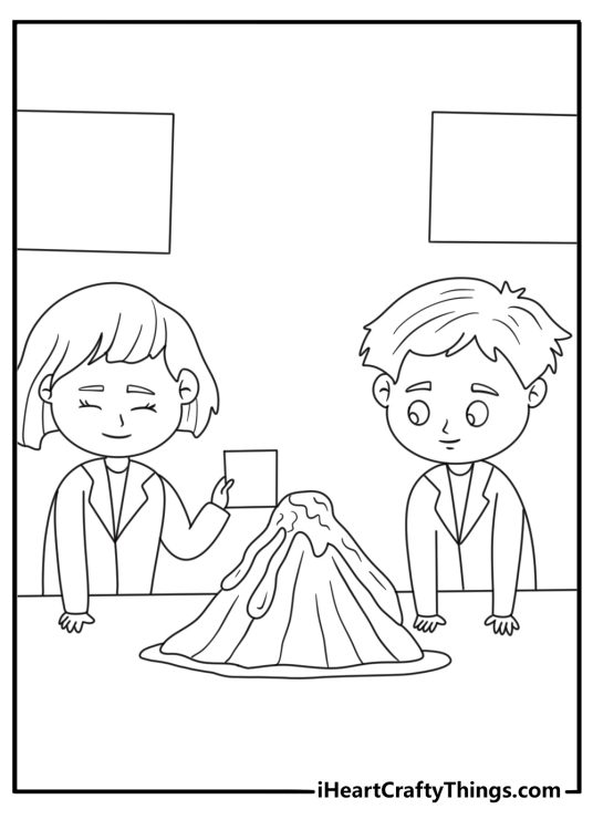 Science coloring pages scene with a volcano experiment on a classroom desk