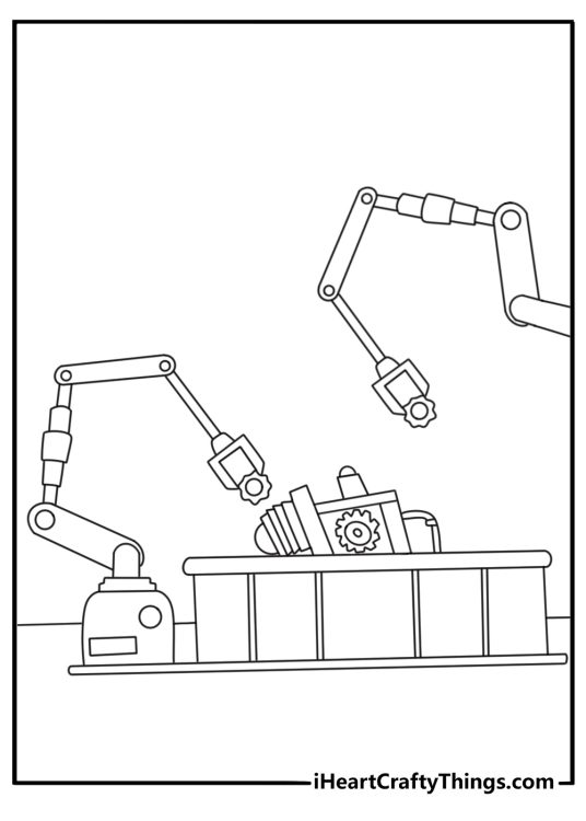 Science coloring sheet with a robot arm building a small machine
