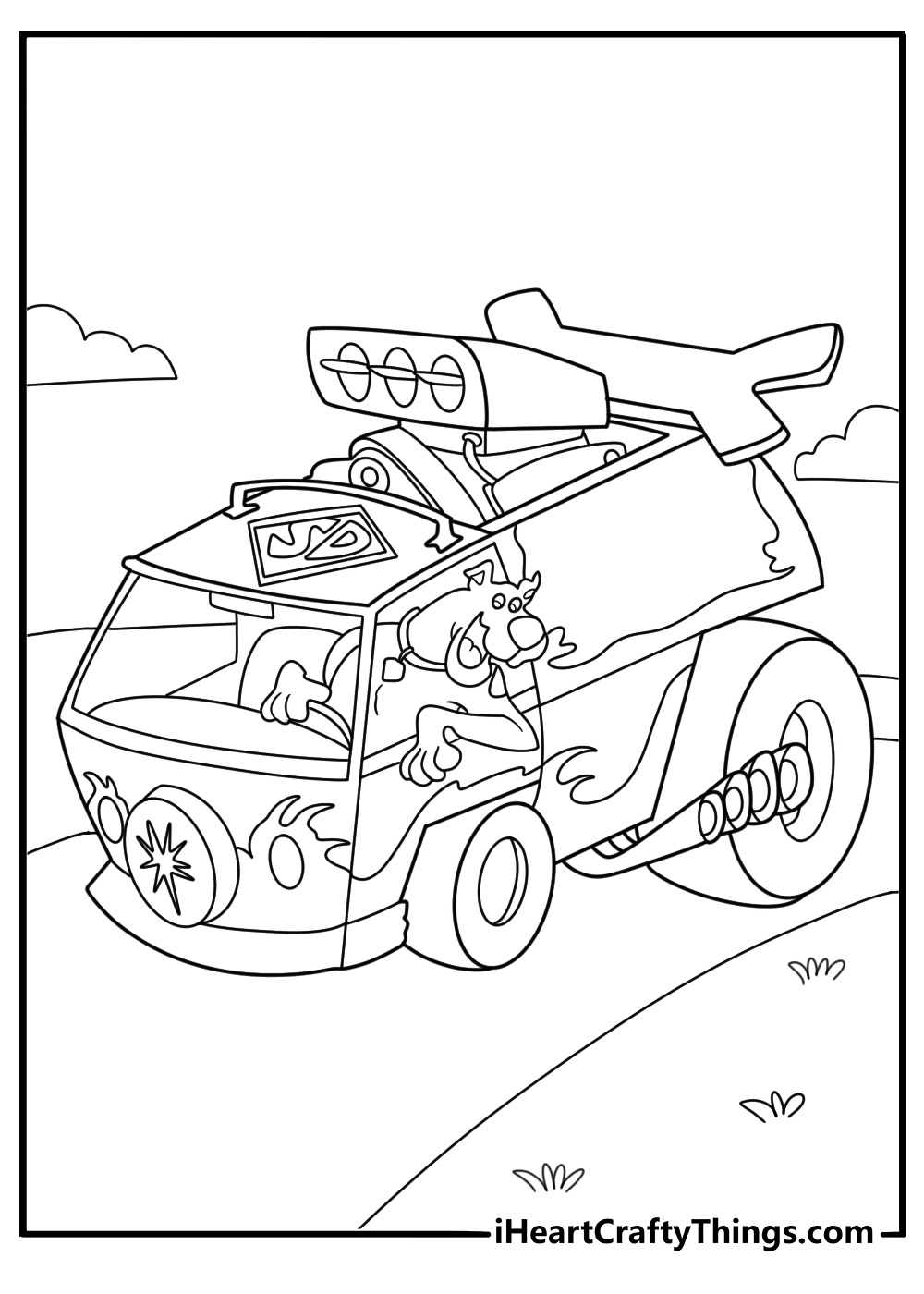 Scooby Doo driving the mystery machine cartoon coloring page