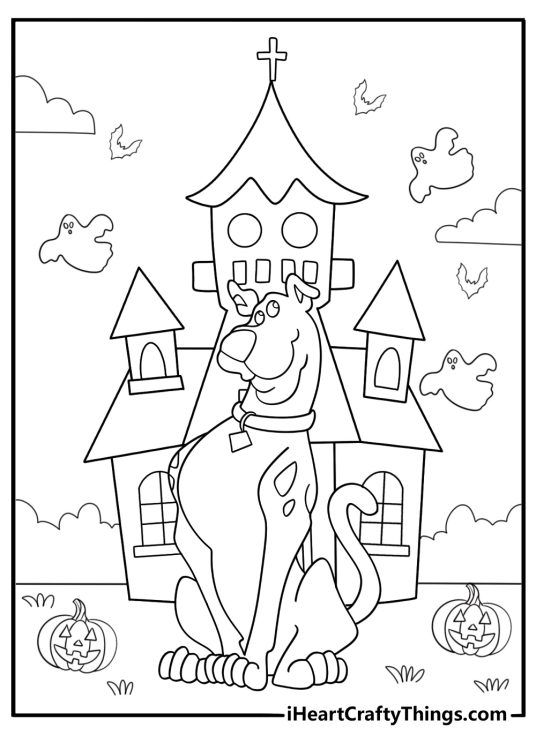 Scooby Doo spooky haunted house background Halloween coloring page for adults