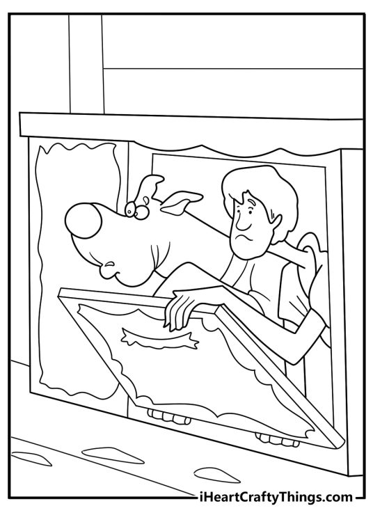 Scooby Doo with Shaggy hiding from a ghost easy coloring sheet for kids