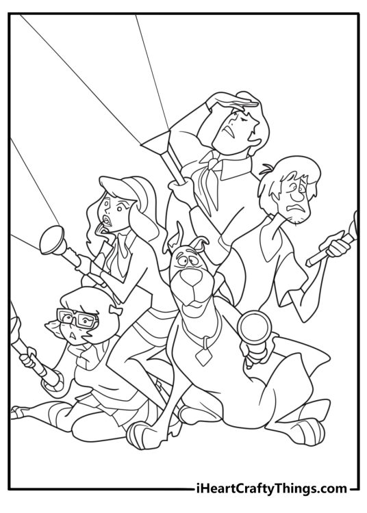 Scooby Doo with the whole mystery inc team detailed coloring sheet
