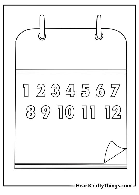 Seasonal numbers coloring page digits 1 to 12 inside calendar boxes simple printable
