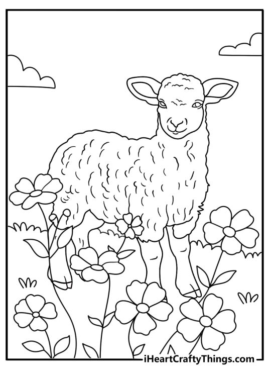 Sheep coloring page for adults with detailed wool patterns and floral shapes