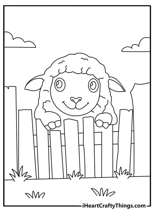 Sheep coloring page with a lamb peeking out from behind a fence post