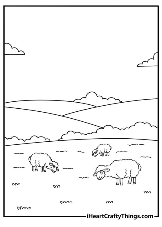Sheep coloring pages printable with a flock in rolling hills
