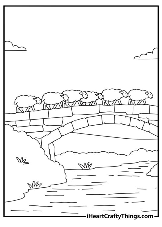 Sheep coloring pages scene with a flock crossing a country bridge