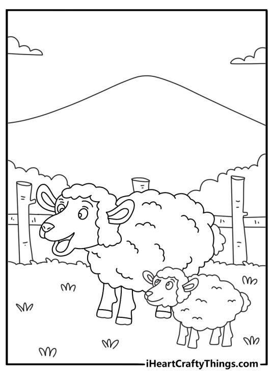 Sheep coloring sheet with a ewe walking beside a wooden fence on a farm