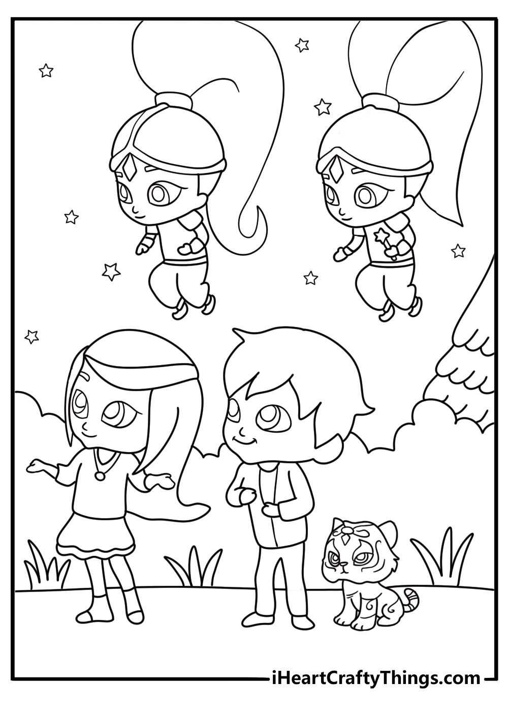 Shimmer and Shine coloring page showing the friends exploring Zahramay Falls