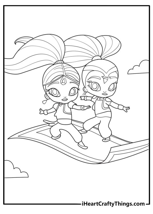 Shimmer and Shine coloring page showing the twin genies flying on their magic carpet