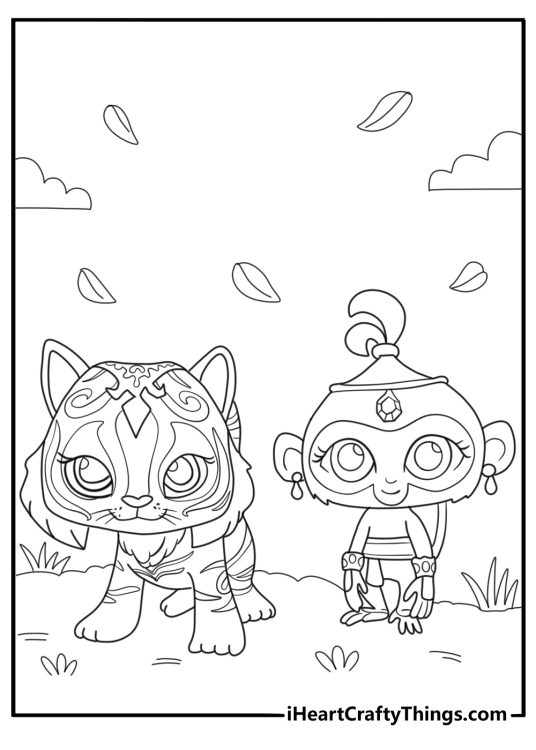 Shimmer and Shine easy coloring sheet for kids with pets Tala and Nahal playing together